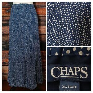 NWT Chaps Maxi Skirt XL Hazy Night Navy Polka Dot Pleated Chiffon Lined Stretch